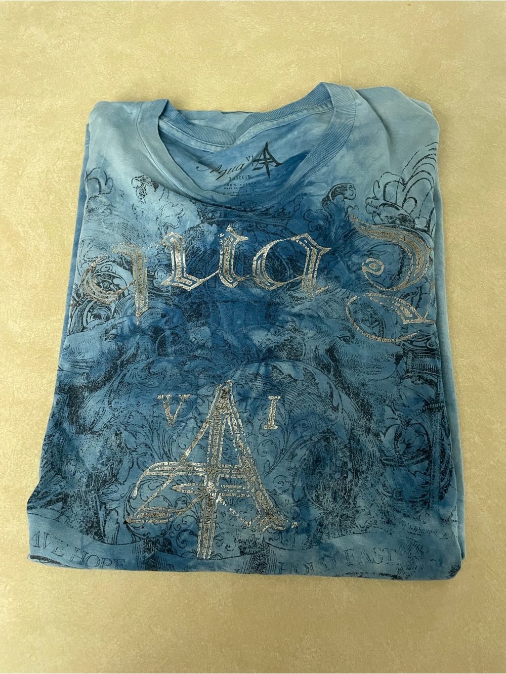 Aqua Light Blue Metallic Script Short Sleeve Tee